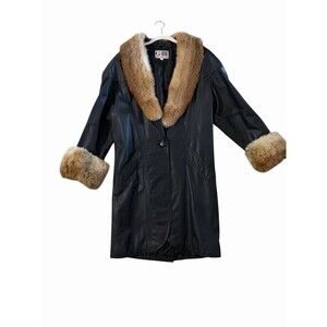Vintage Black Leather Coat Real Fur Collar Cuffs Womens Made in Korea Sz L